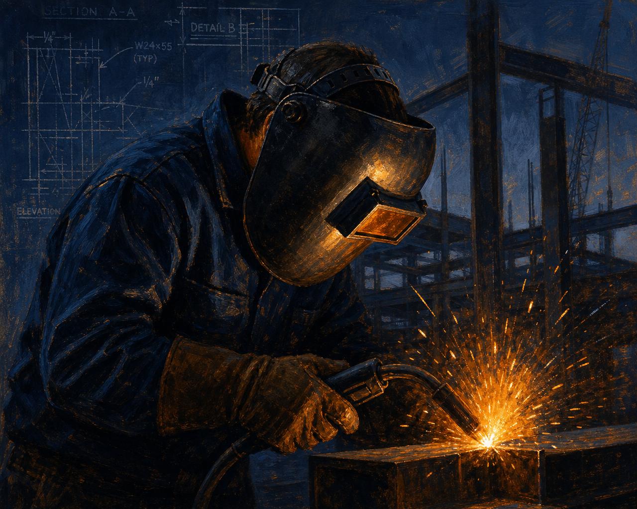 Certified industrial welder on site with sparks flying